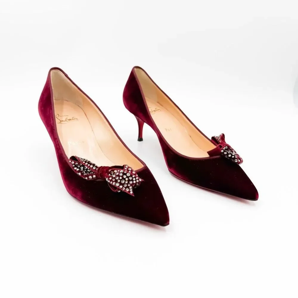 Christian Louboutin Velvet Madame Menule Bow Pumps Kitten Heel EU 38.5 US 8.5